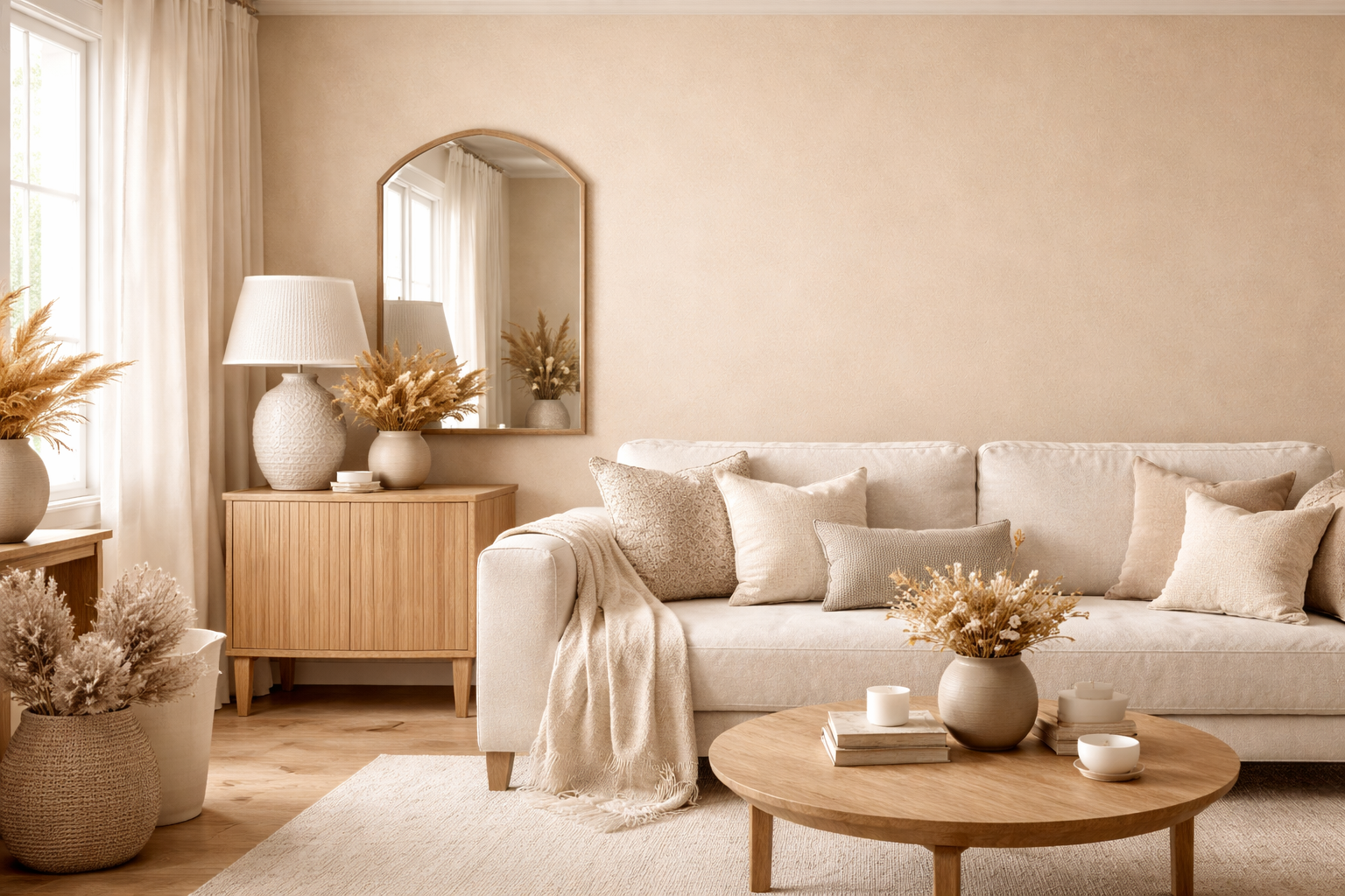 Hyperrealistisches Wohnzimmer in warmen Beigetönen mit großem L förmigen Sofa in Creme Beige als Mittelpunkt, kombiniert mit einem hellen Bouclé Sessel im skandinavischen Stil, runden Holzcouchtisch, weichem Teppich und natürlichen Deko Elementen, inszeniert in hellem Tageslicht mit ruhiger, moderner und wohnlicher Atmosphäre.