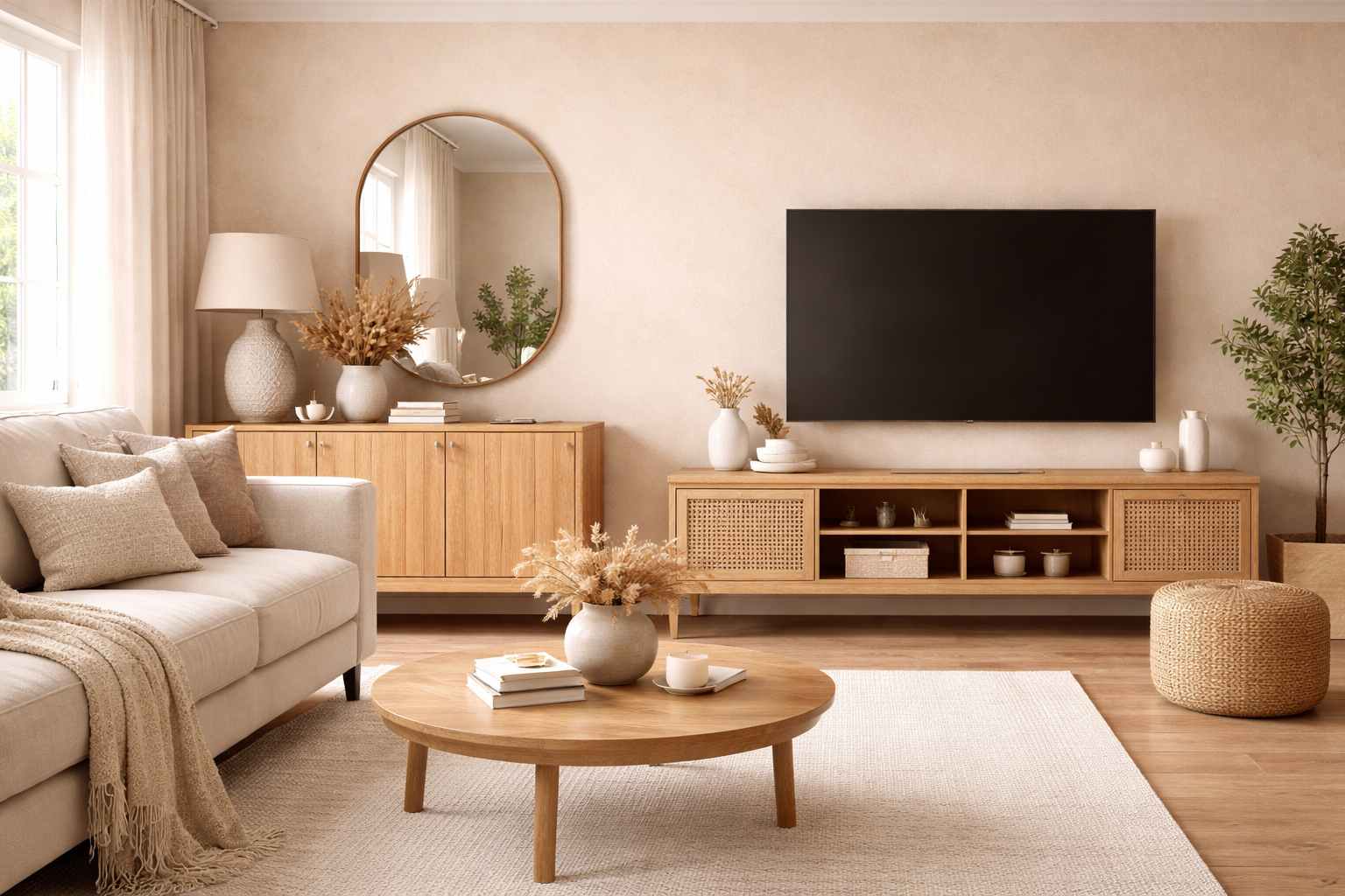 Beiges Wohnzimmer mit warmen Naturtönen und modernen Holzmöbeln. Ein helles Sofa steht vor einer sandfarbenen Wand, kombiniert mit einem runden Holzcouchtisch, einem Sideboard und einem TV-Board aus Holz mit Rattan Details. Natürliche Deko wie Keramikvasen und Trockenblumen unterstreichen die gemütliche, leicht boho inspirierte Atmosphäre.