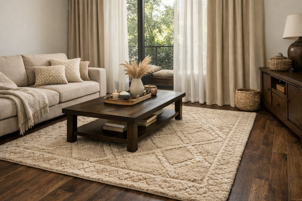Hyperrealistisches Wohnzimmer in warmen Beigetönen mit großem gemusterten Teppich auf dunklem Holzboden, dunklem Couchtisch aus Holz mit Deko, hellem Sofa mit Textilien sowie bodenlangen beigen und halbtransparenten Vorhängen vor einem großen Fenster.