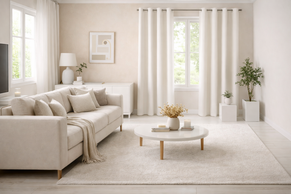 Modernes Wohnzimmer in hellen Beige und Weißtönen mit minimalistischer Einrichtung. Eine warme beigefarbene Wand wird durch fließende weiße Vorhänge und einen weichen, cremefarbenen Teppich ergänzt. Der Raum wirkt offen, ruhig und optisch vergrößert durch die harmonische, helle Farbgestaltung.