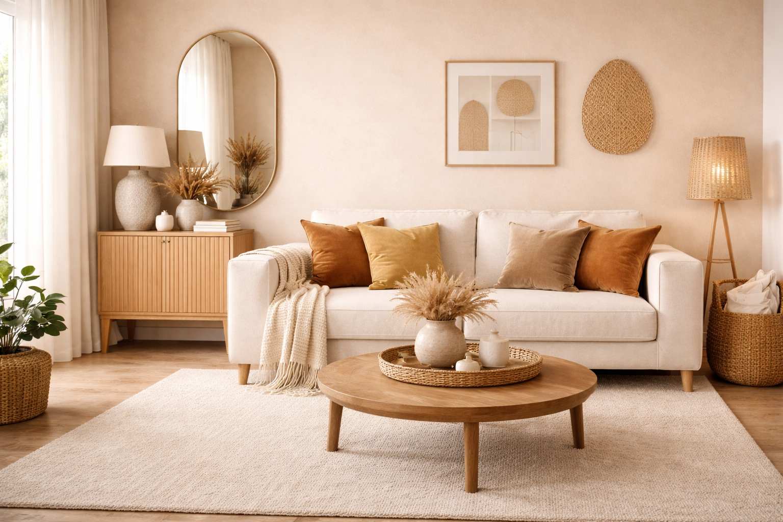 Beiges Wohnzimmer mit warmen Erdtönen und natürlicher Boho Atmosphäre. Ein helles Sofa wird durch Kissen in Braun, Ocker und Karamell ergänzt, kombiniert mit Holzmöbeln, Rattan Elementen und einem großen Spiegel mit goldenem Rahmen. Die Farbpalette wirkt harmonisch, warm und einladend.