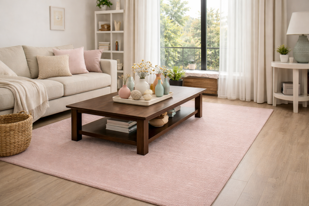 Beiges Wohnzimmer mit warmen Erdtönen und natürlicher Boho Atmosphäre. Ein helles Sofa wird durch Kissen in Braun, Ocker und Karamell ergänzt, kombiniert mit Holzmöbeln, Rattan Elementen und einem großen Spiegel mit goldenem Rahmen. Die Farbpalette wirkt harmonisch, warm und einladend.