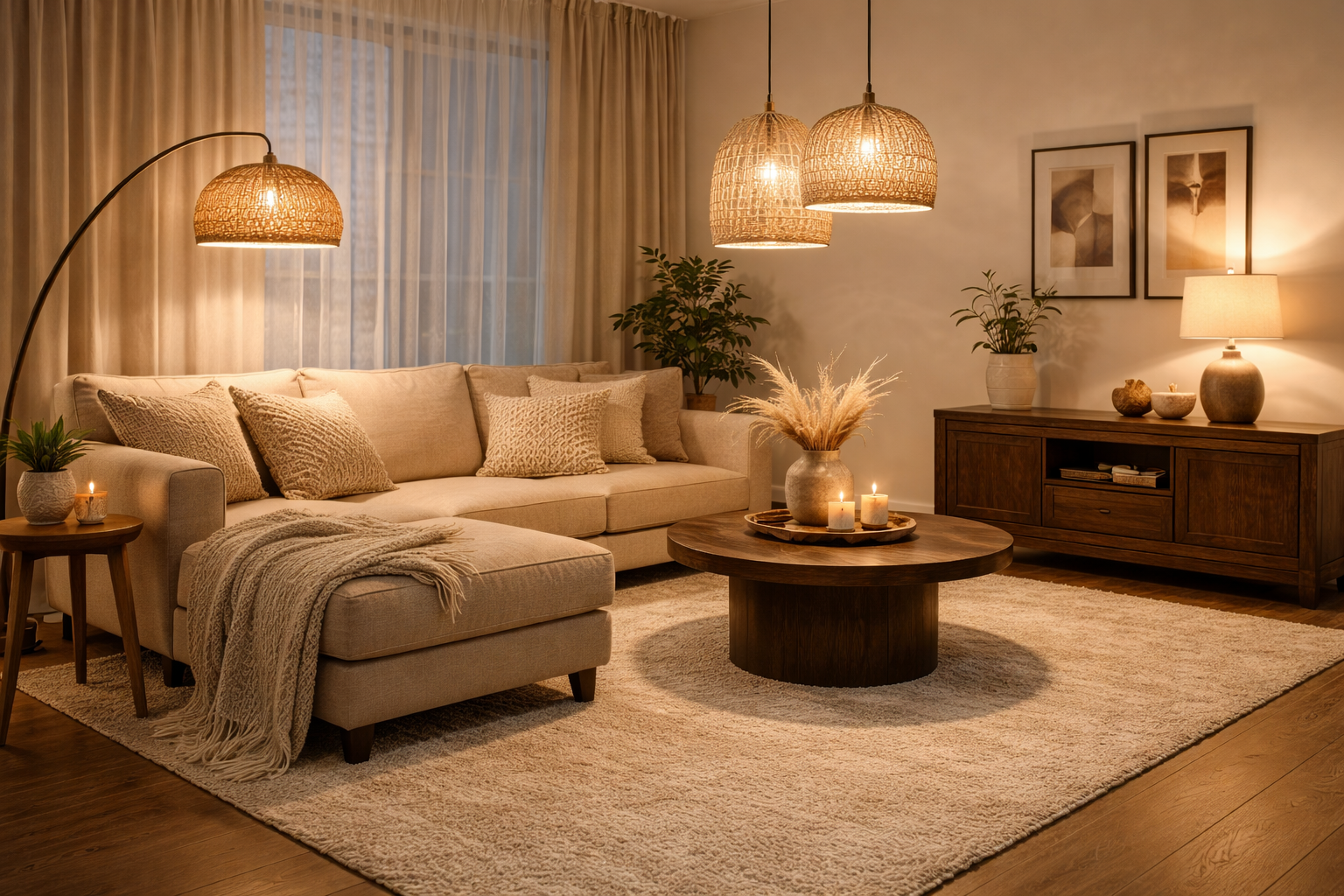 Hyperrealistisches Wohnzimmer am Abend mit warmem Lichtkonzept aus mehreren Lichtquellen, darunter Rattan Pendelleuchten, Stehlampe und Tischlampe, kombiniert mit beigem Sofa, rundem Holztisch und hellem Teppich für eine besonders gemütliche Atmosphäre.