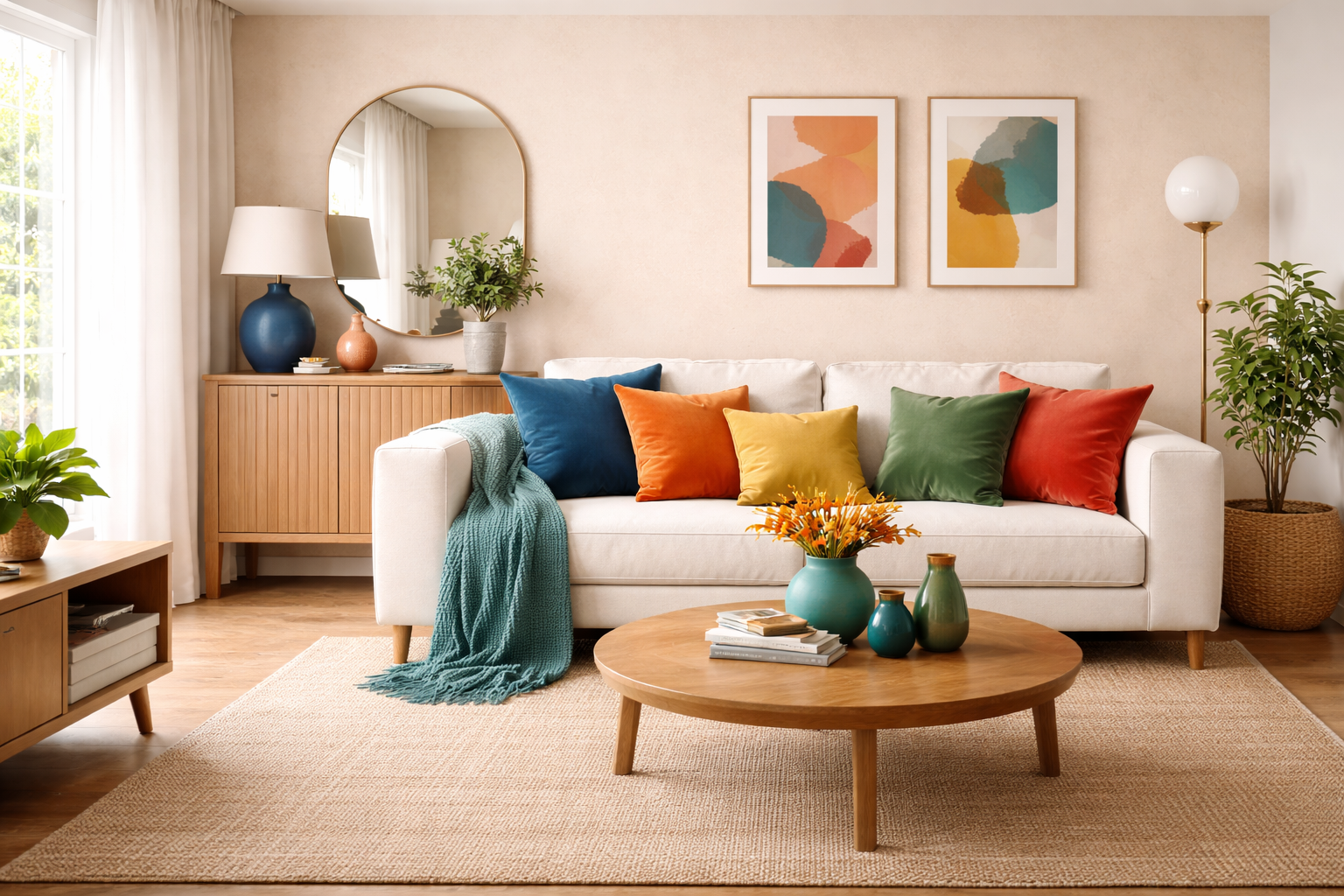 Modernes Wohnzimmer mit beiger Grundfarbe und kräftigen Akzentfarben. Ein helles Sofa wird durch Kissen und Deko in tiefem Blau, Petrol und Senfgelb ergänzt. Die Kombination aus ruhigem Beige und intensiven Farbakzenten sorgt für einen lebendigen, stilvollen Kontrast mit skandinavischem und leichtem Boho Flair.