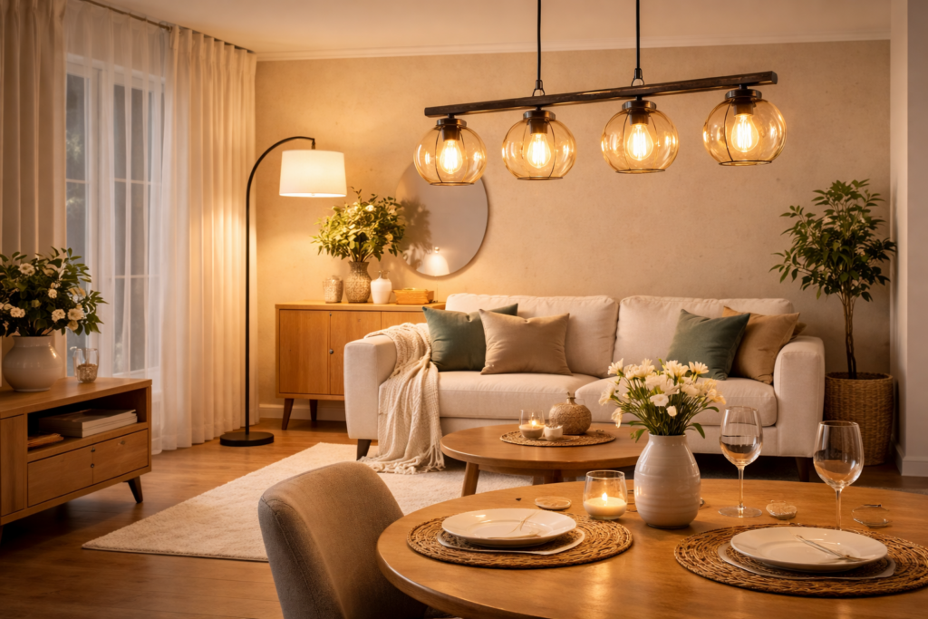 Beiges Wohnzimmer mit warmem Lichtkonzept durch verschiedene Lampen. Eine Stehlampe mit hellem Stoffschirm sorgt für sanfte Beleuchtung, während eine moderne Pendelleuchte mit Glas und Metall über dem Tisch einen stilvollen Akzent setzt. Das Zusammenspiel schafft eine gemütliche und elegante Atmosphäre.
