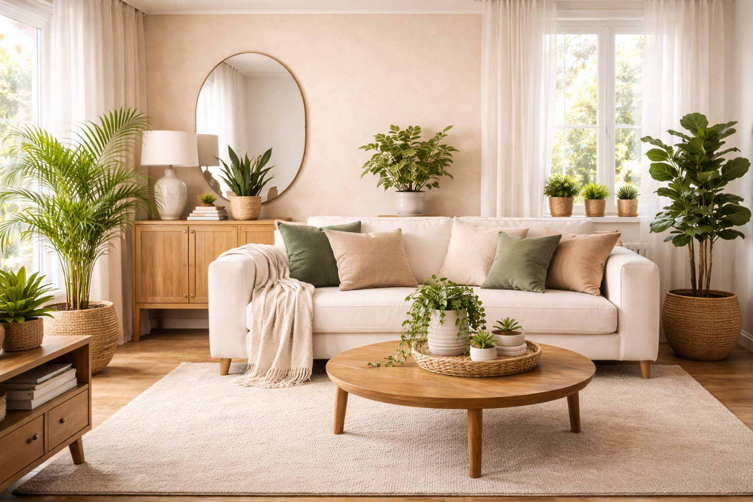 Beiges Wohnzimmer mit vielen grünen Zimmerpflanzen für frische Akzente. Ein helles Sofa wird durch Pflanzen auf Fensterbank, Couchtisch und in der Ecke ergänzt. Seegras Übertöpfe und natürliche Materialien sorgen für eine warme, lebendige und leicht boho inspirierte Atmosphäre.
