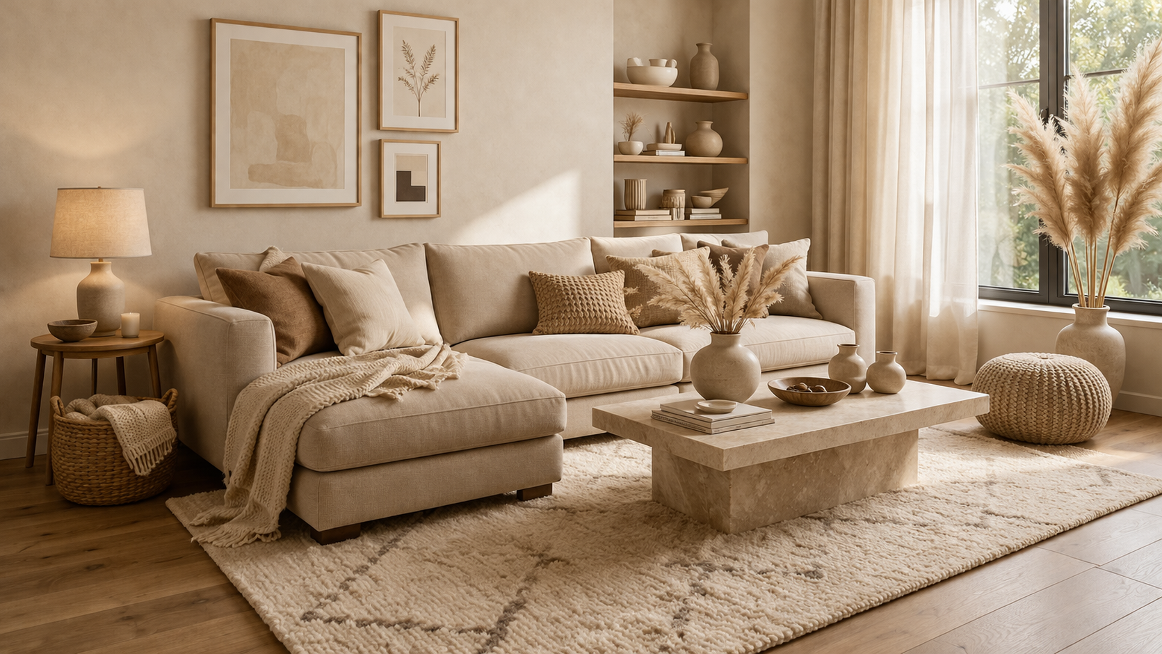 Hyperrealistisches Wohnzimmer in verschiedenen Beigetönen mit großem Ecksofa, gemustertem Teppich, rundem Holztisch und dekorativen Kissen sowie natürlichen Materialien wie Holz, Leinen und Keramik, ergänzt durch Pflanzen und warmes Tageslicht für eine ruhige, harmonische Atmosphäre.