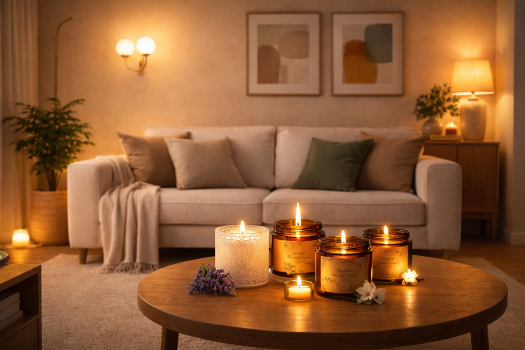 Beiges Wohnzimmer mit gemütlicher, indirekter Beleuchtung und mehreren Duftkerzen auf dem Couchtisch. Kerzen in Glasgefäßen sorgen für warmes, sanftes Licht, während zusätzliche Lampen im Hintergrund eine ruhige und einladende Atmosphäre schaffen.