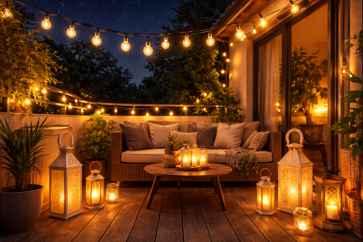 Gemütlicher Balkon ohne Dach bei Nacht mit warm leuchtender Solar-Lichterkette, mehreren dekorativen Laternen mit LED-Kerzen auf dem Boden und Tisch, Holzterrasse und Lounge-Sofa unter klarem Sternenhimmel.