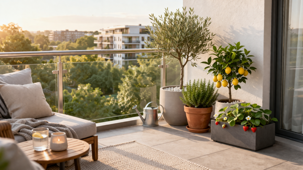 Moderner, sonniger Balkon ohne Überdachung mit minimalistischer Lounge-Ecke in neutralen Farben. Einige ausgewählte Pflanzen wie ein Olivenbaum, ein Zitronenbaum und Rosmarin stehen in schlichten Töpfen und ergänzen die ruhige, stilvolle Atmosphäre, ohne den Balkon zu überladen.