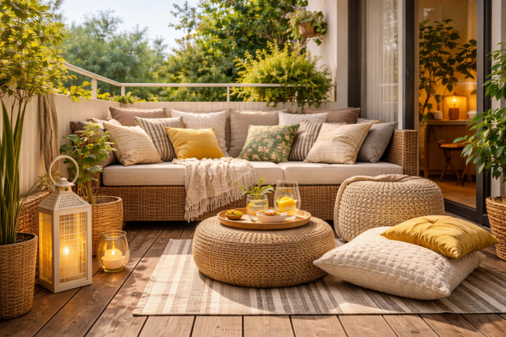 Offener Balkon ohne Dach mit gemütlicher Lounge aus Rattan, vielen dekorativen Kissen in warmen Naturtönen, gestrickten Poufs und Decken, kleiner Teppich und Tablett auf dem Tisch, helle und einladende Atmosphäre.