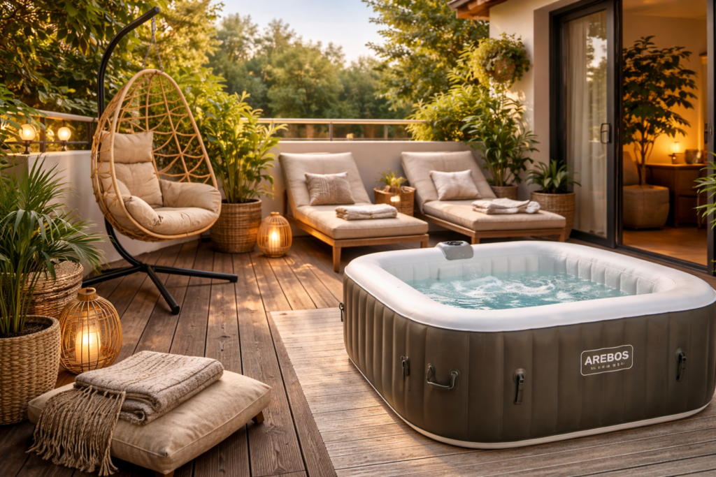 Offener Balkon ohne Dach mit Hängesessel, zwei gepolsterten Sonnenliegen und aufblasbarem Whirlpool, umgeben von Pflanzen und warmem Licht, entspannte Wellness-Atmosphäre im Freien.