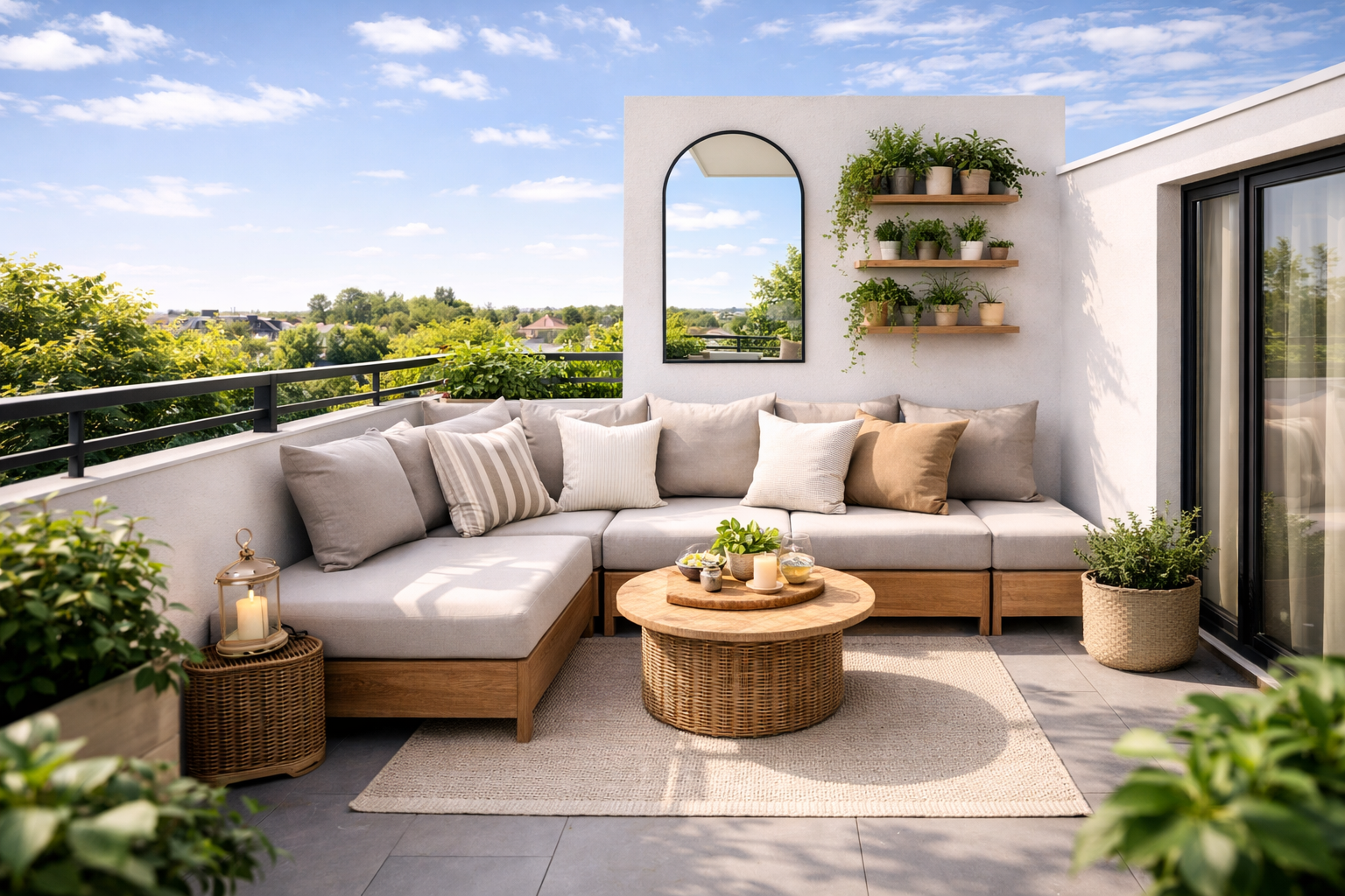 Kleine, offene Dachterrasse unter freiem Himmel mit heller modularer Lounge, runder Rattan-Tisch und minimalistischer Einrichtung in Beige- und Naturtönen. Ein großer Spiegel an der Wand reflektiert Licht und lässt den Bereich größer wirken, während platzsparende Pflanzenregale mit dezenten grünen Pflanzen für Struktur sorgen.