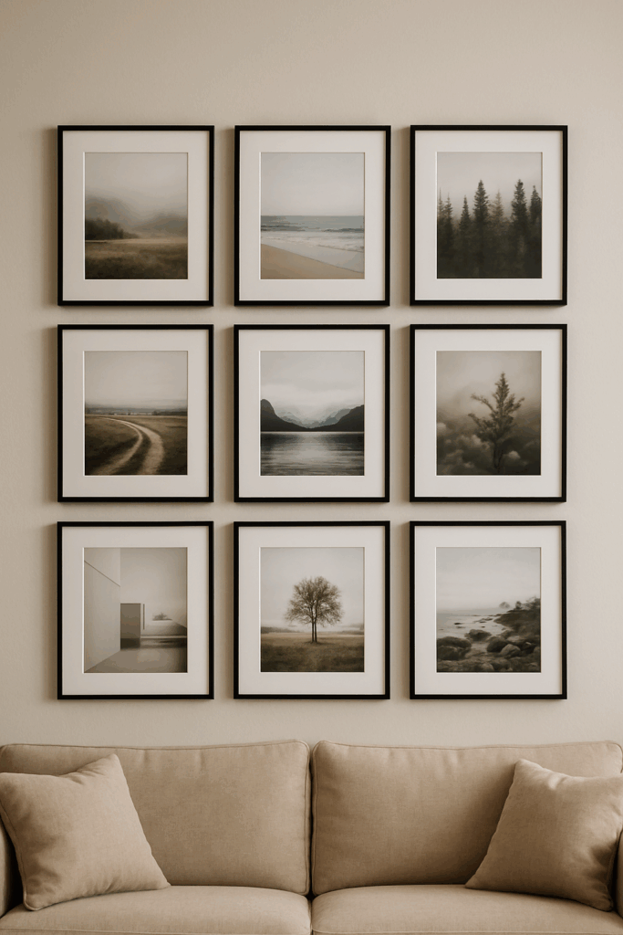 Symmetrische Bilderwand im modernen Wohnzimmer mit neun identischen Rahmen in einem 3x3 Raster über einem beigen Sofa. Minimalistische Kunstmotive, klare Linien und elegante Harmonie schaffen einen aufgeräumten Look.
