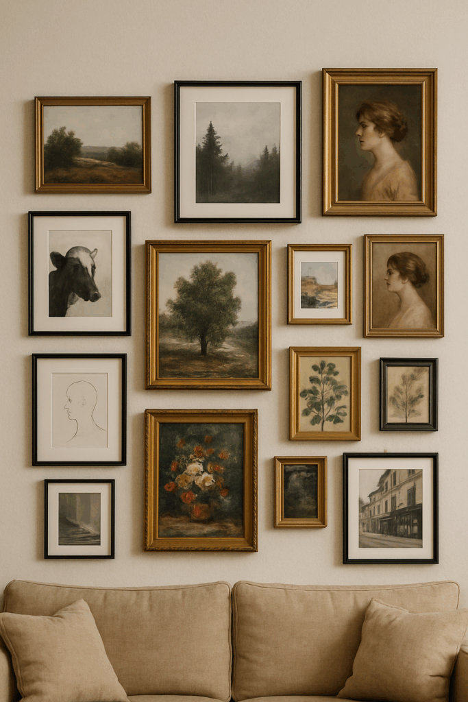 Künstlerische Bilderwand im Salon-Stil mit vielen verschieden großen Rahmen, dicht an dicht über einem Sofa arrangiert. Mischung aus Vintage- und modernen Bildern in Gold- und Holzrahmen, gemütlich und charmant.