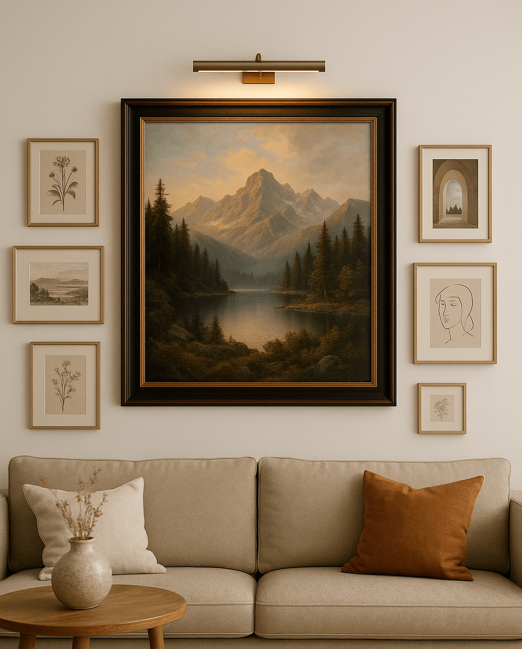 Großes zentrales Landschaftsbild mit Bergmotiv über einem beigen Sofa, umrahmt von kleineren Kunstwerken in hellen Rahmen, warme Wohnzimmerstimmung mit sanfter Beleuchtung und natürlichem Dekor.