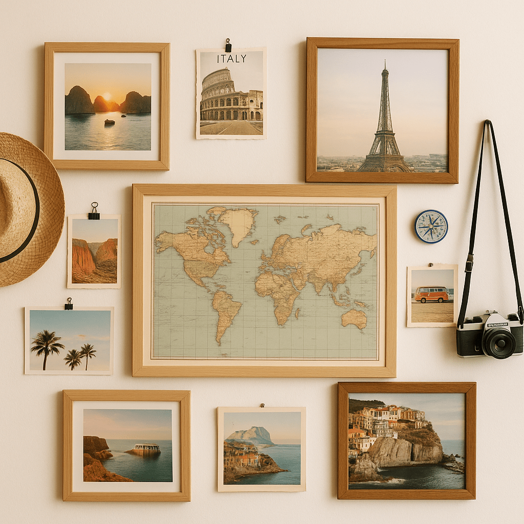 „Wohnzimmerwand mit thematischer Reisegalerie – eine gerahmte Vintage-Weltkarte als Mittelpunkt, umgeben von Urlaubsfotos, Postkarten, Strohhut, Kamera und kleinen Dekoobjekten. Warmes Licht, natürliche Materialien und harmonische Farben schaffen ein gemütliches, inspirierendes Ambiente.