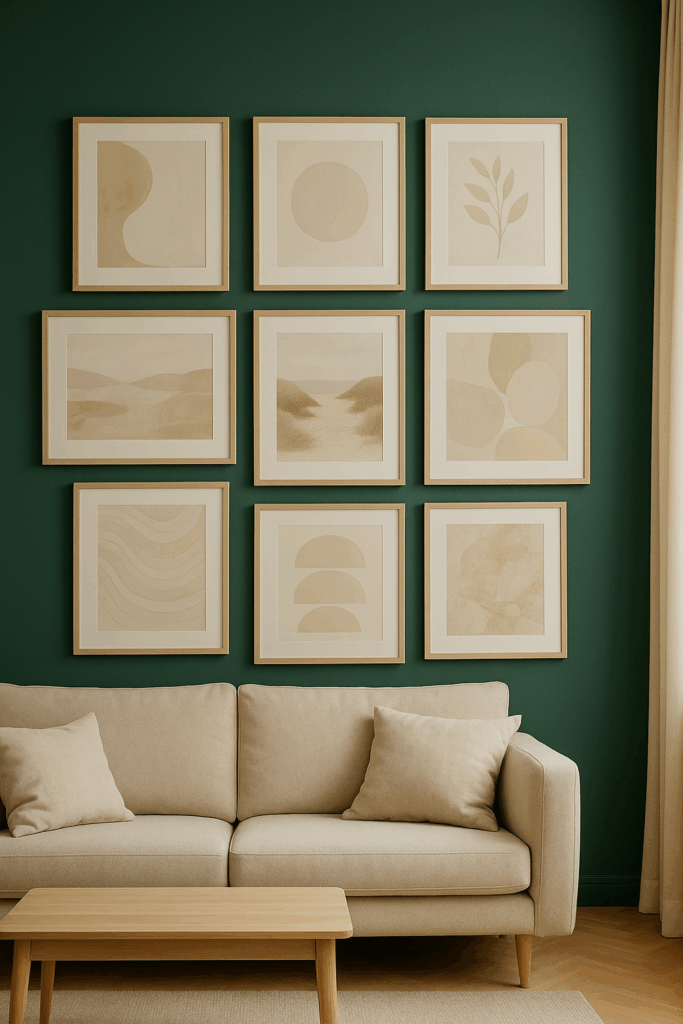 Wohnzimmer mit smaragdgrüner Wand und Bilderwand in sanften Beige- und Greigetönen. Neun Ton-in-Ton gerahmte Bilder in hellen Holzrahmen über einem beigen Sofa, harmonisches Farbkonzept und ruhige Atmosphäre.