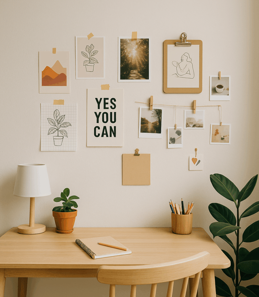 Helles, gemütliches Arbeitszimmer mit Holztisch, Pflanzen und einer kreativen Bilderwand ohne Rahmen, gestaltet mit Washi-Tape, Klemmbrettern und kleinen Fotos in harmonischer Anordnung.