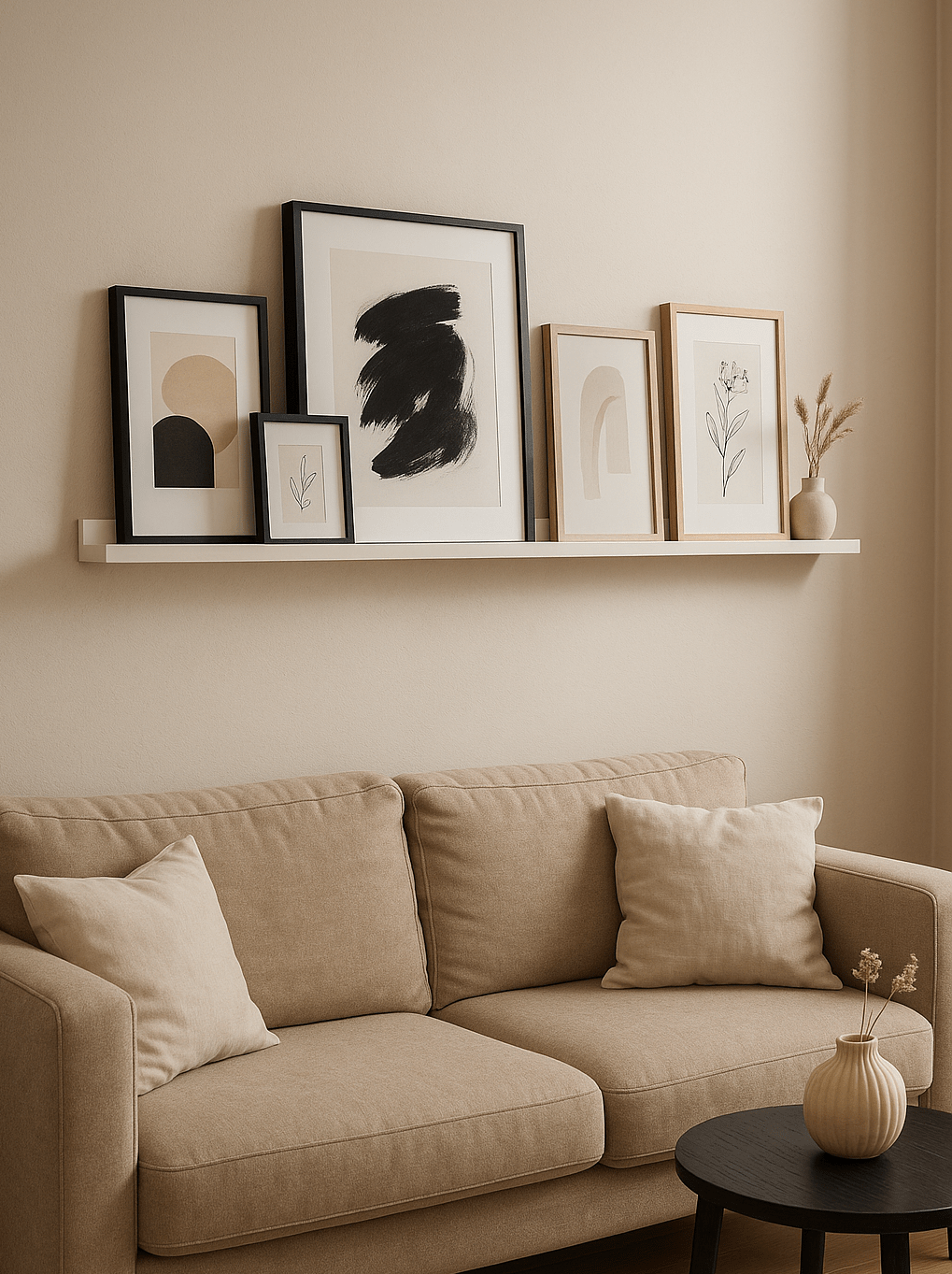 Modernes Wohnzimmer mit beigefarbenem Sofa und weißer Bilderleiste an der Wand. Darauf stehen überlappend arrangierte Rahmen mit minimalistischen Kunstprints in Naturtönen, ergänzt durch eine Vase mit Trockenblumen und eine Duftkerze. Ruhige, skandinavisch inspirierte Atmosphäre mit warmem Licht.