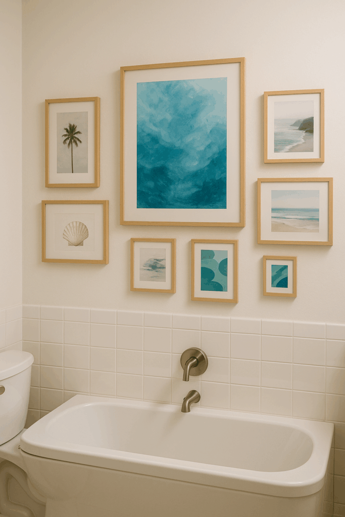 Modernes Badezimmer mit weißer Badewanne und einer stilvollen Mini-Bilderwand in Blau- und Grüntönen über den Fliesen, mit Strand- und Meermotiven in hellen Holzrahmen.