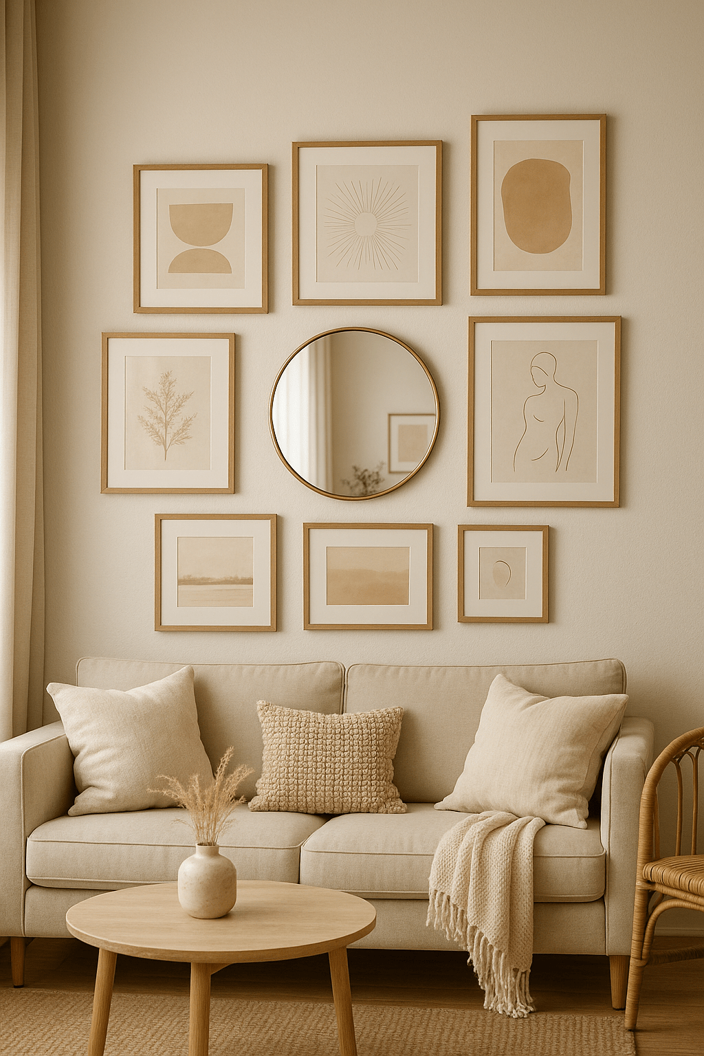 Helles Wohnzimmer mit Bilderwand aus beigen Kunstmotiven und einem runden Spiegel im Messingrahmen. Der Spiegel reflektiert Licht und verleiht der Galerie Tiefe und Glanz, kombiniert mit neutralem, warmem Interieur.