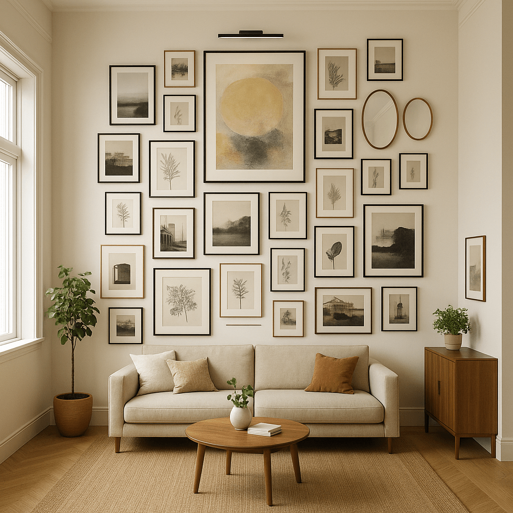 Großes Wohnzimmer mit hoher Decke und beeindruckender Wandgalerie vom Boden bis zur Decke, bestehend aus vielen harmonisch angeordneten Bildern und Spiegeln über einem beigen Sofa mit Holzmöbeln.