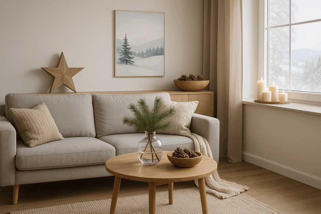 Gemütliches Wohnzimmer im skandinavischen Stil mit beiger Couch, Holzstern, Glasvase mit Tannenzweigen, Holzschale mit Zapfen und Kerzen auf der Fensterbank – sanftes Tageslicht und winterliche Atmosphäre.