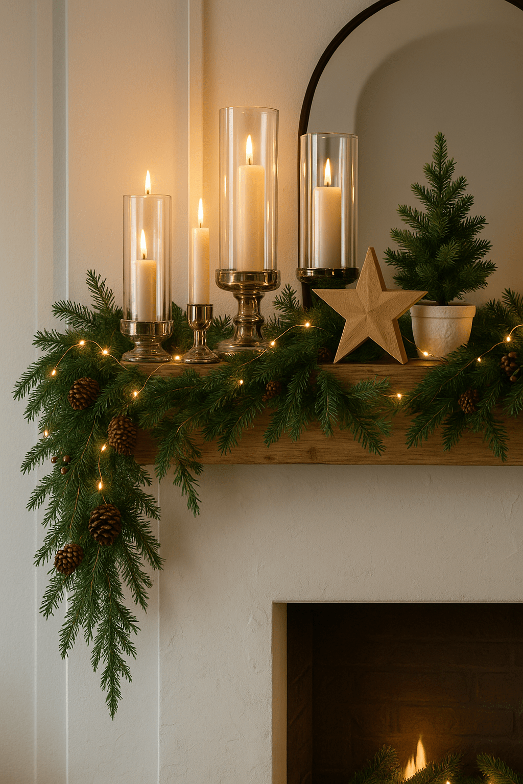 Helles Wohnzimmer mit kleinen Tannenbäumchen im Topf, Amaryllis in Glasvase und Sukkulenten, kombiniert mit Kissen in Naturtönen – frische, winterliche Raumstimmung.