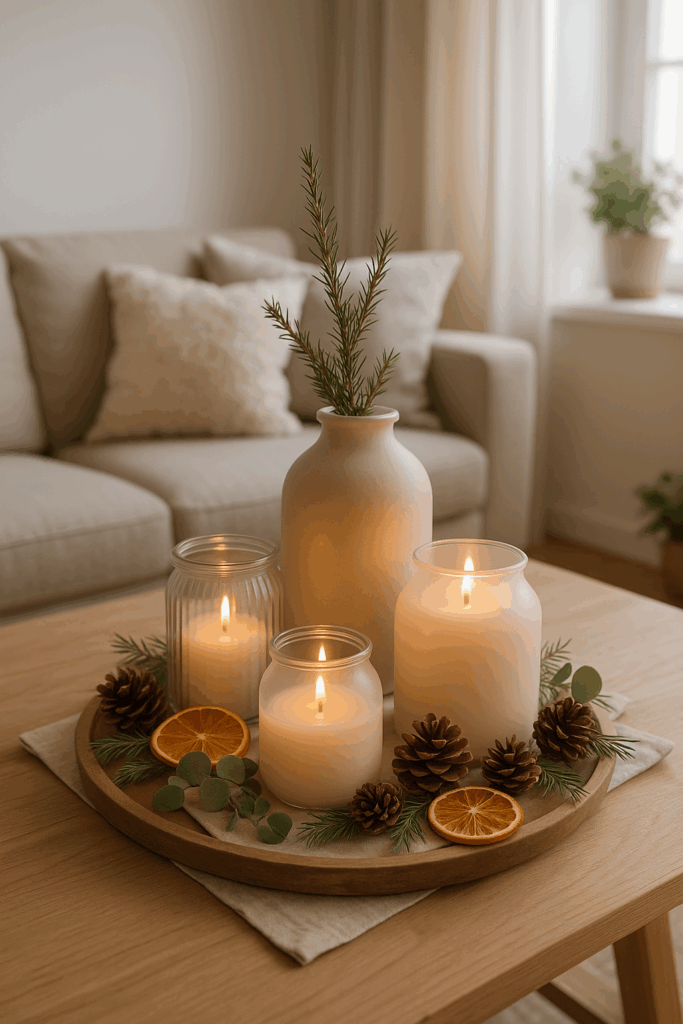 Helles skandinavisches Wohnzimmer mit minimalistischer Winterdeko, neutralen Farben und harmonischem Zusammenspiel aus Weiß, Grau und Holz. Auf einem Couchtisch stehen eine Vase, ein Tablett und zwei Kerzenhalter in warmem Licht.