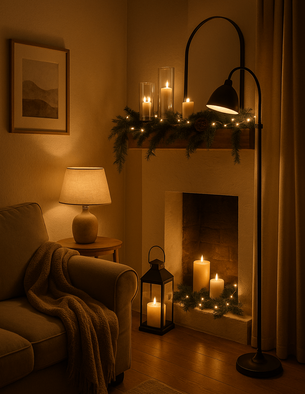 Abendliches Wohnzimmer mit Leselampe, Tischlampe, Laterne und Kerzen am Kamin – sanftes, warmes Licht erzeugt eine gemütliche Winteratmosphäre.