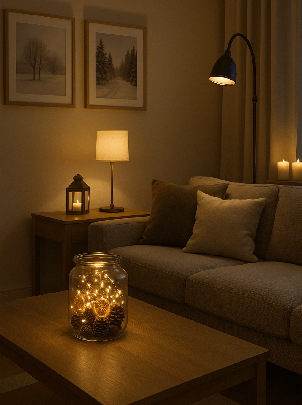 Wohnzimmer mit Glasgefäß auf Couchtisch, gefüllt mit Lichterkette, Tannenzapfen und getrockneten Orangenscheiben – warm leuchtende, natürliche Winterdeko.