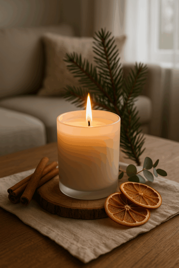 Gemütliche Wohnzimmerszene mit mehreren Duftkerzen in warmem Licht, umgeben von Zimtstangen, Orangenscheiben und Tannenzweigen. Weiches Licht schafft eine behagliche Winteratmosphäre.