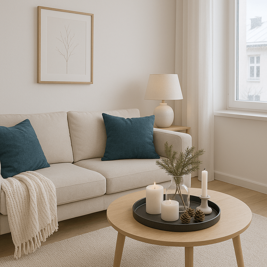 Helles Wohnzimmer mit beiger Couch, Holztablett mit Kerzen und Glasvase, neutralen Kissen und natürlichen Materialien – zeitlose, saisonunabhängige Winterdeko.