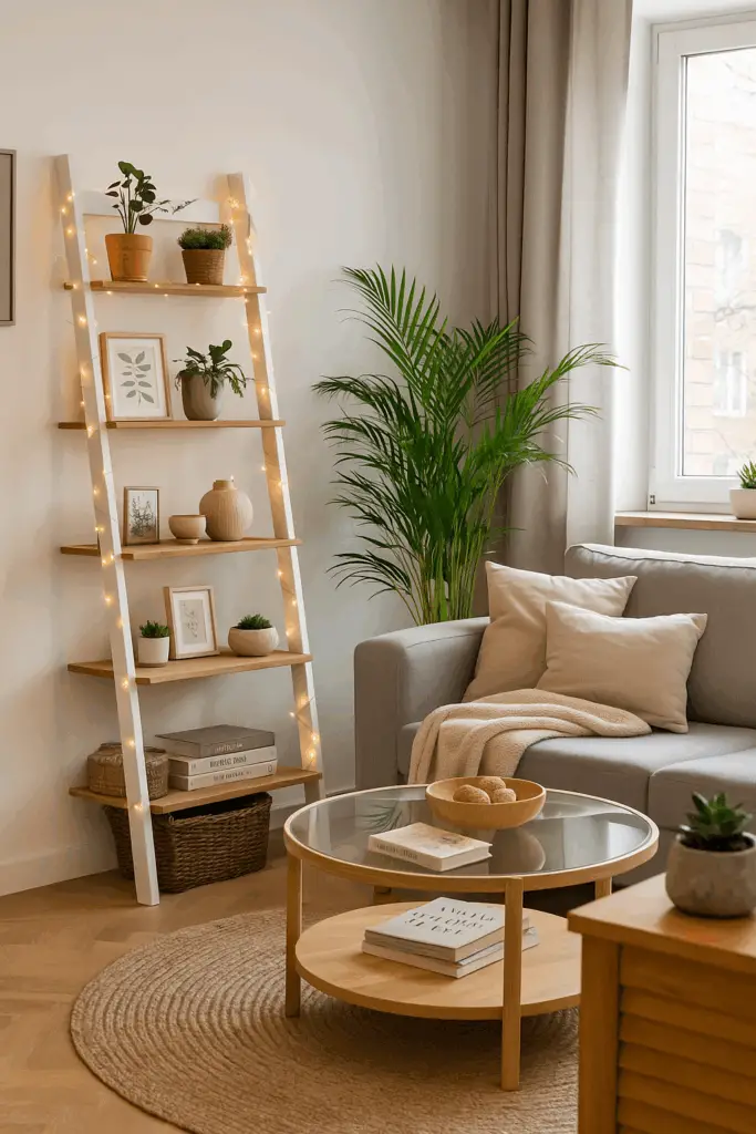 Gemütliches Wohnzimmer im Scandi-Boho-Stil mit einem weißen Leiterregal, das mit Lichterketten, Pflanzen, Vasen und gerahmten Bildern dekoriert ist. Daneben steht ein graues Sofa mit beigen Kissen und Decke, ein runder Holztisch mit Büchern und einer Holzschale, warme Lichtstimmung und natürliche Materialien schaffen eine einladende Atmosphäre.