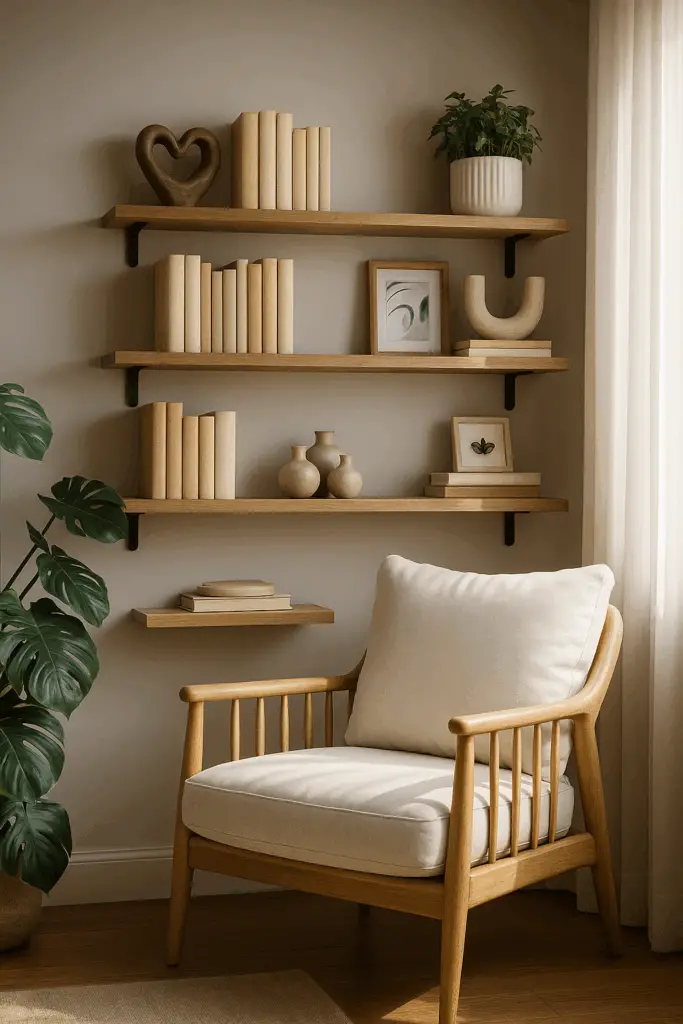 Leseecke im skandinavischen Stil mit einem hellen Holzsessel und beigem Kissen vor einer Wand mit offenen Holzregalen. Auf den Regalbrettern stehen Bücher, Vasen, Pflanzen und minimalistische Kunstobjekte. Neben dem Sessel eine große Monstera-Pflanze in einem Terrakottatopf, sanftes Tageslicht fällt durch helle Vorhänge und erzeugt eine warme, ruhige Atmosphäre.