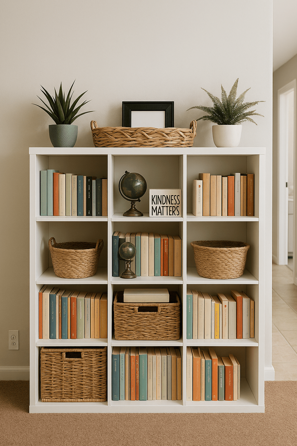 Realistisches Wohnzimmer mit einem weißen Würfelregal im modernen Scandi-Boho-Stil. Das Regal steht vor einer hellbeigen Wand und ist mit Büchern in sanften Farben, Rattankörben, kleinen Pflanzen und einer Weltkugel dekoriert. Oben darauf befinden sich eine Korbschale, ein gerahmtes Bild und zwei Blumentöpfe. Warme Lichtstimmung, Holzboden und dezente Naturtöne schaffen eine harmonische, wohnliche Atmosphäre.