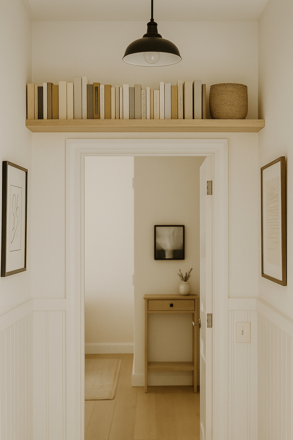 heller Flur im minimalistischen Scandi-Stil mit einem Wandregal über der Tür. Auf dem Regal liegen Bücher mit neutralen Buchrücken und ein geflochtener Korb. Schwarze Pendelleuchte, helle Wände, Holzboden und dezente Wandbilder schaffen eine warme, ruhige und harmonische Atmosphäre.