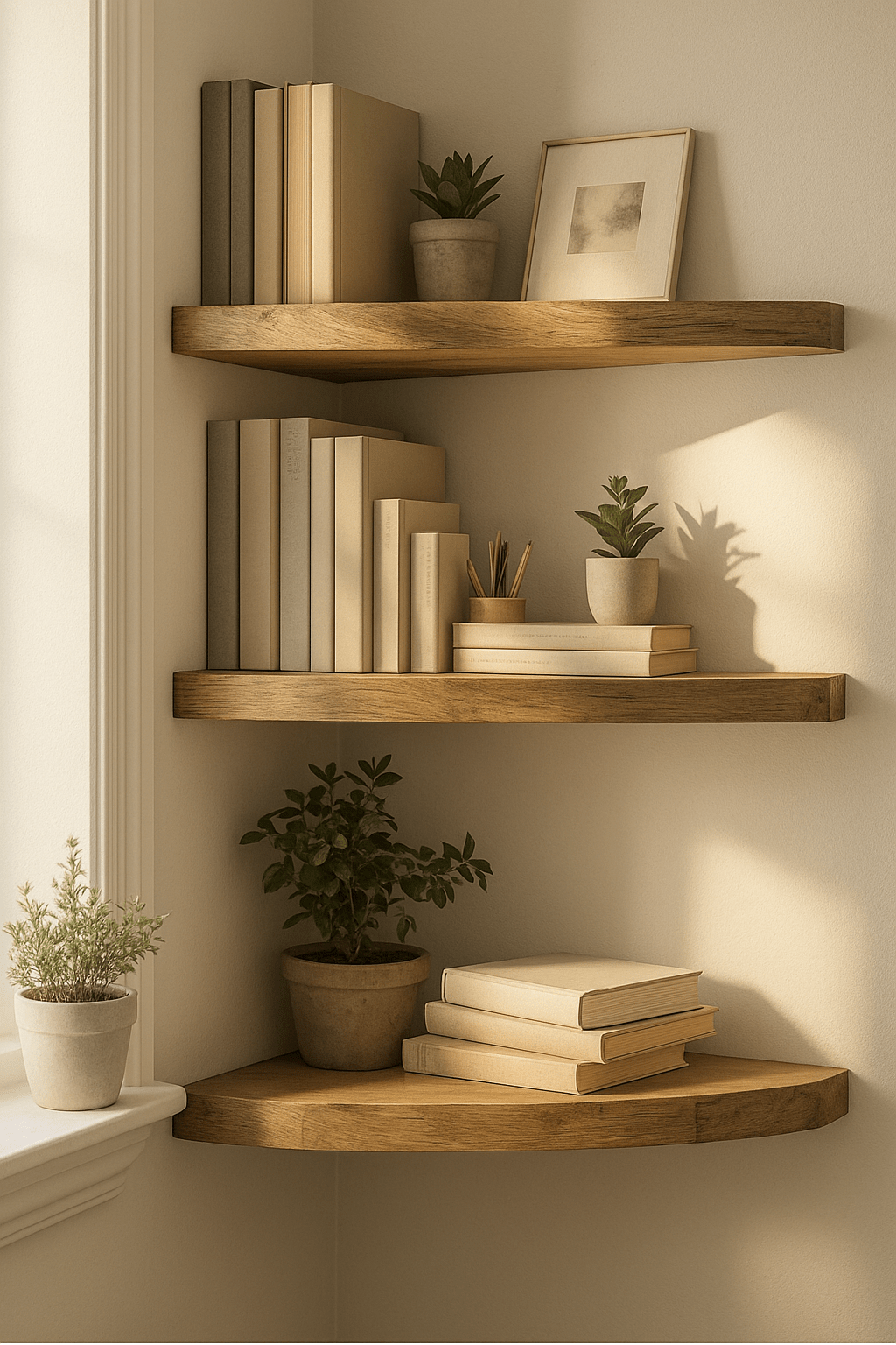 Darstellung einer hellen Zimmerecke mit drei schwebenden Eckregalen aus hellem Holz. Auf den Regalbrettern stehen Bücher mit neutralen Einbänden, kleine Pflanzen, Keramikvasen und ein Bilderrahmen. Weiches Sonnenlicht fällt durch das Fenster und wirft sanfte Schatten an die Wand, was eine warme, ruhige und natürliche Atmosphäre erzeugt.