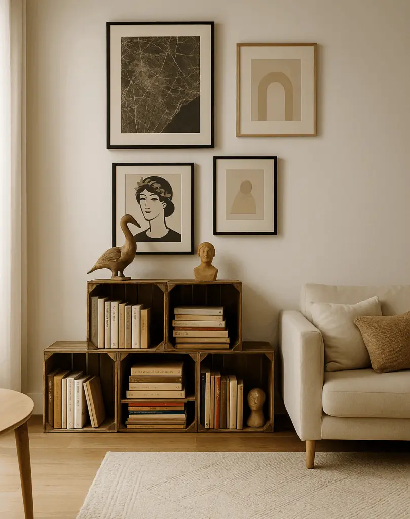 Wohnzimmer im modernen Scandi-Boho-Stil mit einem Bücherregal aus alten Weinkisten aus Holz. Die Kisten sind mit Büchern und minimalistischer Dekoration wie kleinen Skulpturen geschmückt. An der Wand hängen schlichte Kunstposter in neutralen Farben. Ein helles Sofa mit Kissen, Holzboden und dezente Tagesbeleuchtung erzeugen eine warme, ruhige Atmosphäre.