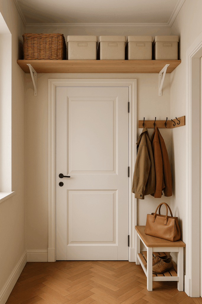 Heller, moderner Flur mit einem Wandregal über der Tür, gefüllt mit Aufbewahrungsboxen, Hakenleiste und schlichten Jacken – funktionale Stauraumlösung auf Augenhöhe