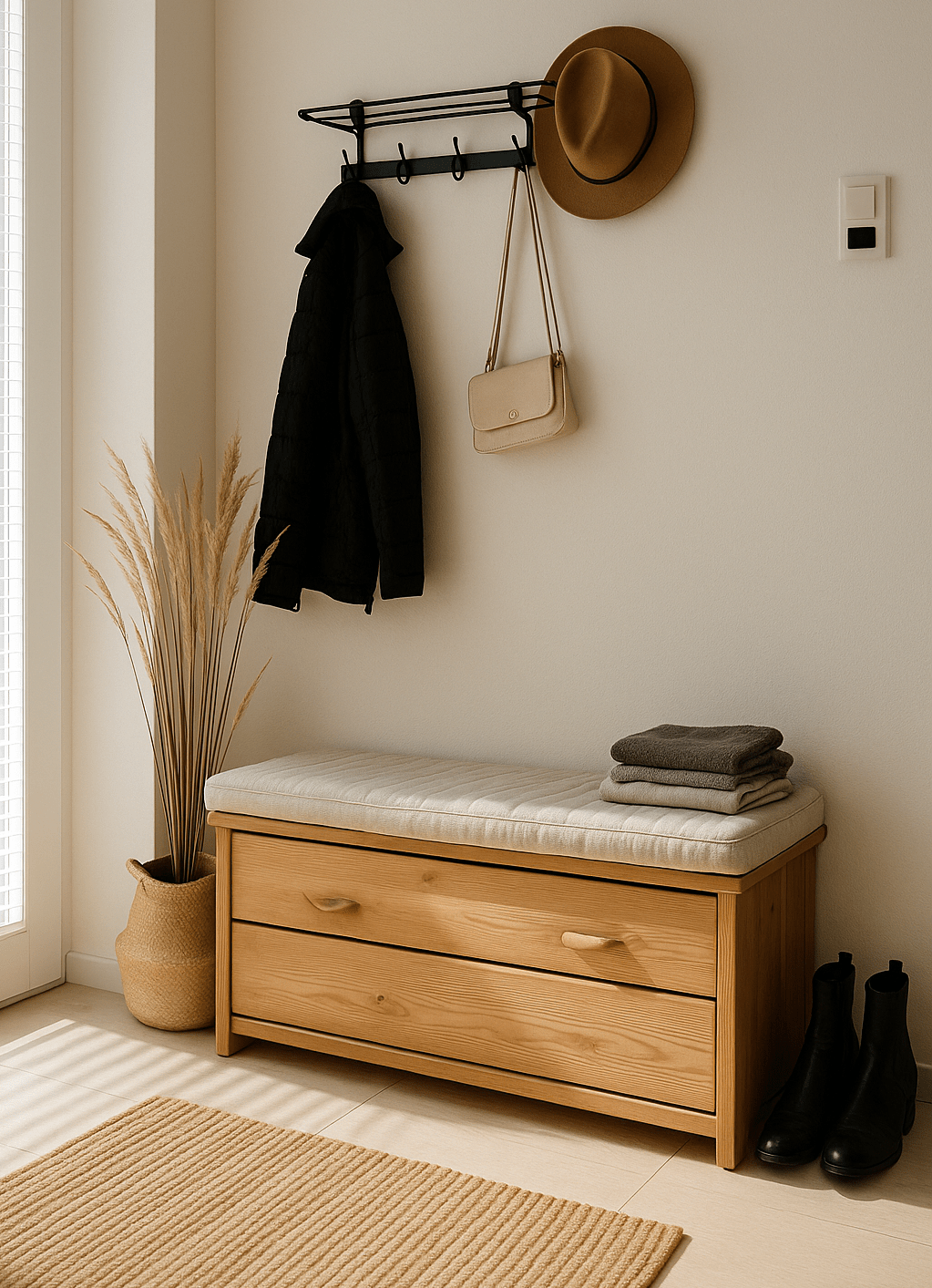 Heller, moderner Flur mit einer Holz-Sitzbank mit Stauraum, geflochtenen Körben und sanfter natürlicher Deko.