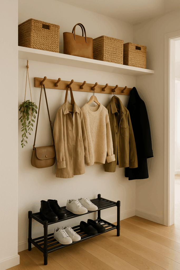 Minimalistischer Eingangsbereich mit einer Hakenleiste, neutralen Jacken, einer kleinen Pflanzenampel und einem schlichten Schuhregal – platzsparende Garderobenlösung.
