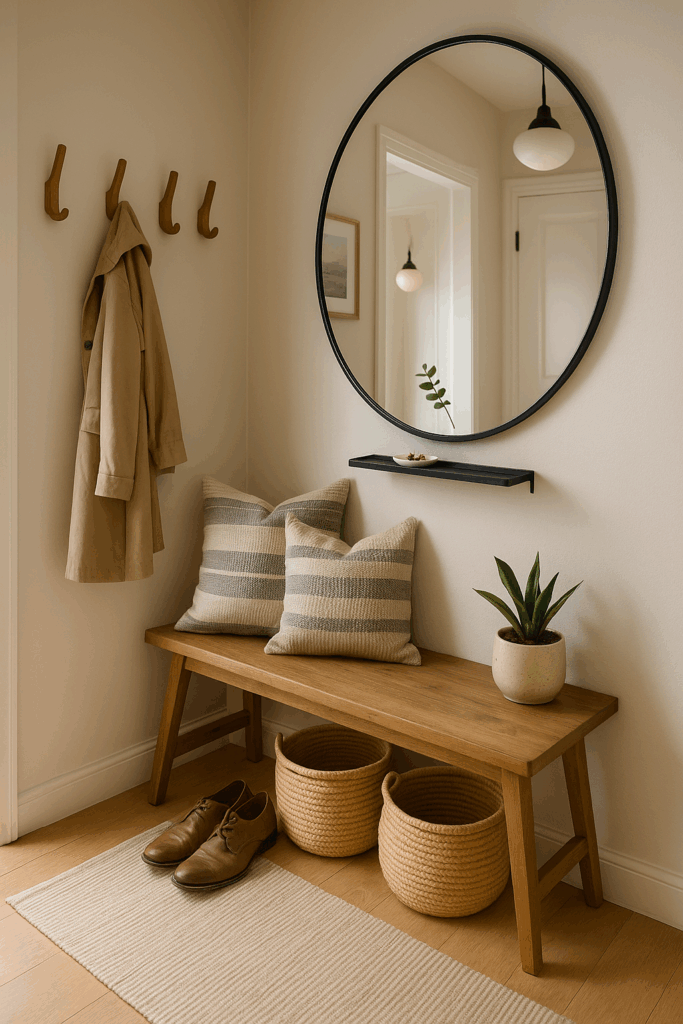 Heller Flur mit großem Wandspiegel, schwebendem Holzboard und dezenten Accessoires, die den schmalen Eingangsbereich optisch vergrößern.