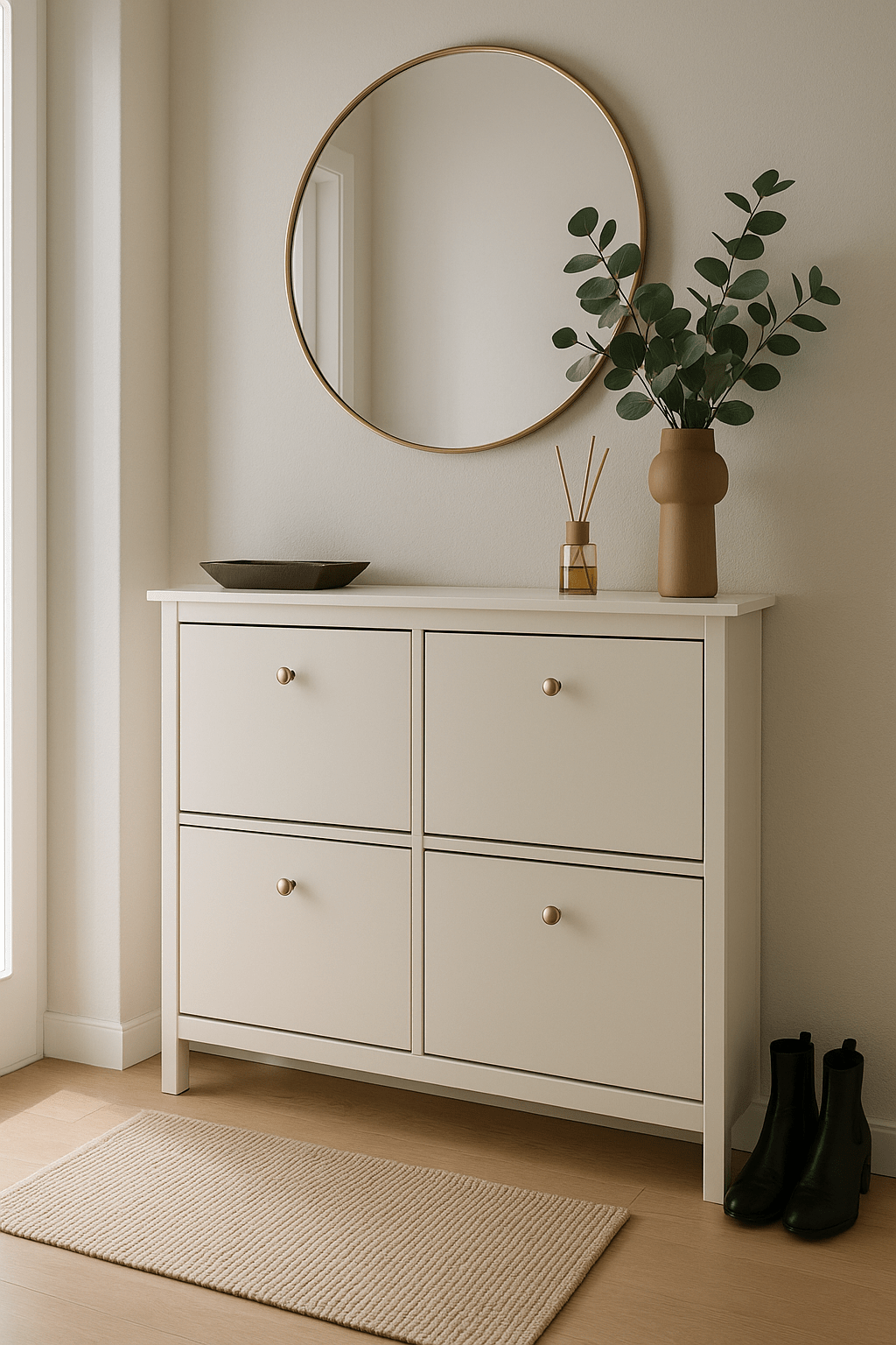 Minimalistischer Flur mit einem schlanken Schuhschrank in Beige, dekoriert mit Spiegel, Vase und kleinen Accessoires.