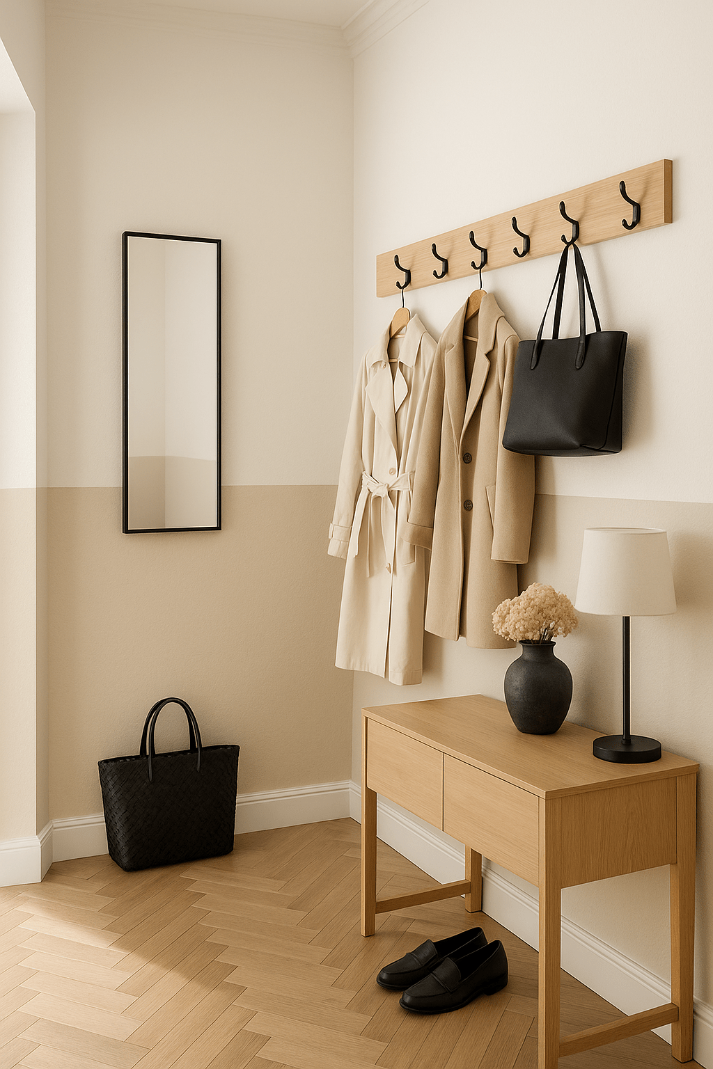 Flur in sanftem Salbeigrün mit hellem Teppich, Holzkonsole, runden Deko-Elementen und Hakenleiste – freundlicher, optisch vergrößernder Eingangsbereich.