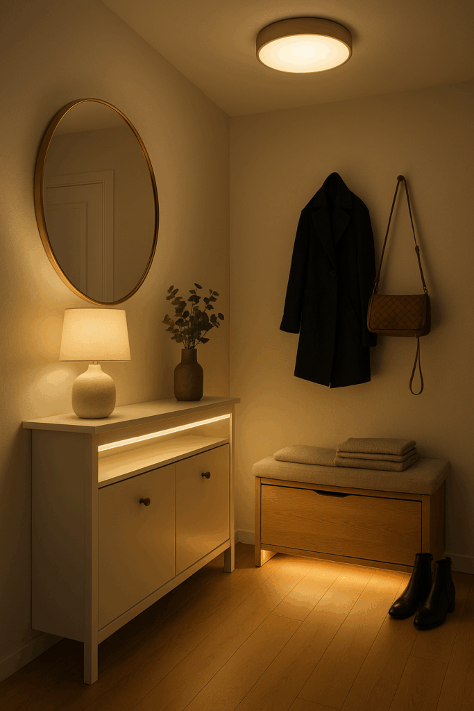 Stilvoller moderner Flur mit indirekter LED-Beleuchtung, einer warmen Tischlampe und einem schlichten Deckenlicht.