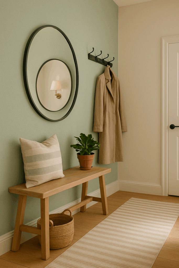 Moderner Flur mit sanfter Salbeigrün-Akzentwand, Holzbank, Wandhaken und dekorativer Garderobe für einen subtilen Farbakzent.