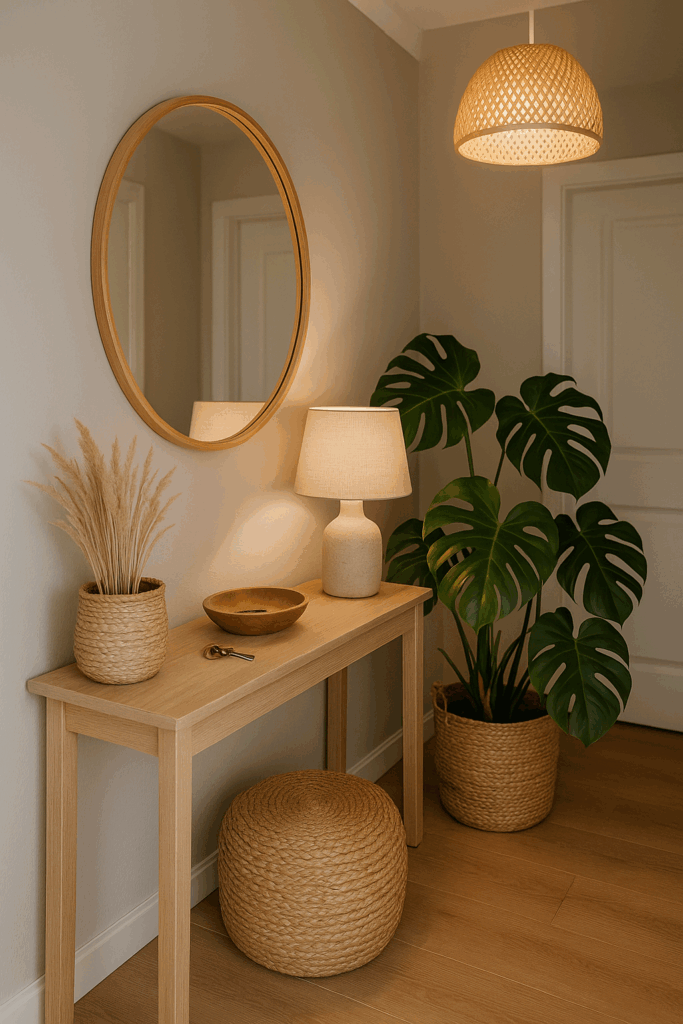 Moderner Eingangsbereich mit Monstera-Pflanze, Trockenblumen und natürlichen Materialien wie Rattan und Holz.