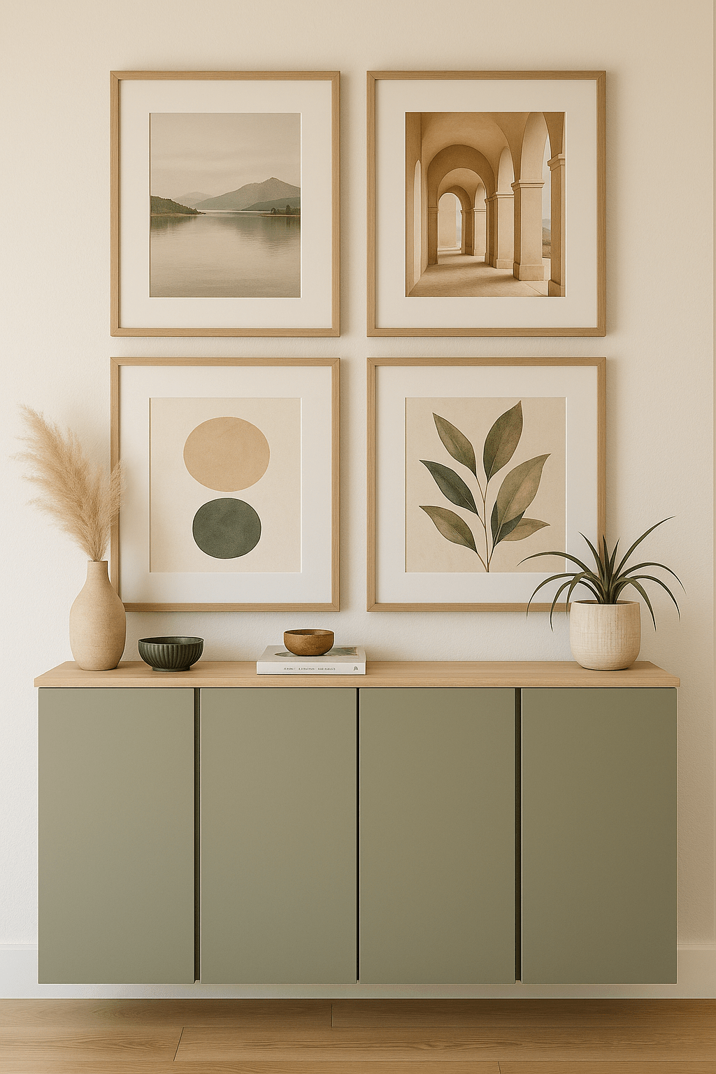 Flur mit symmetrischer Bilderwand aus schwarzen Rahmen über einer Garderobenbank und Hakenleiste – dekorativer und funktionaler Eingangsbereich.